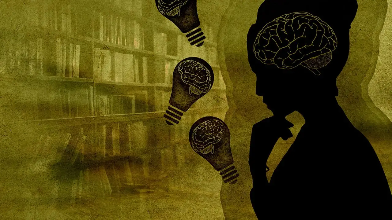 Woman silhouette with images of lightbulbs signafying her thinking with bookshelves faded in the background